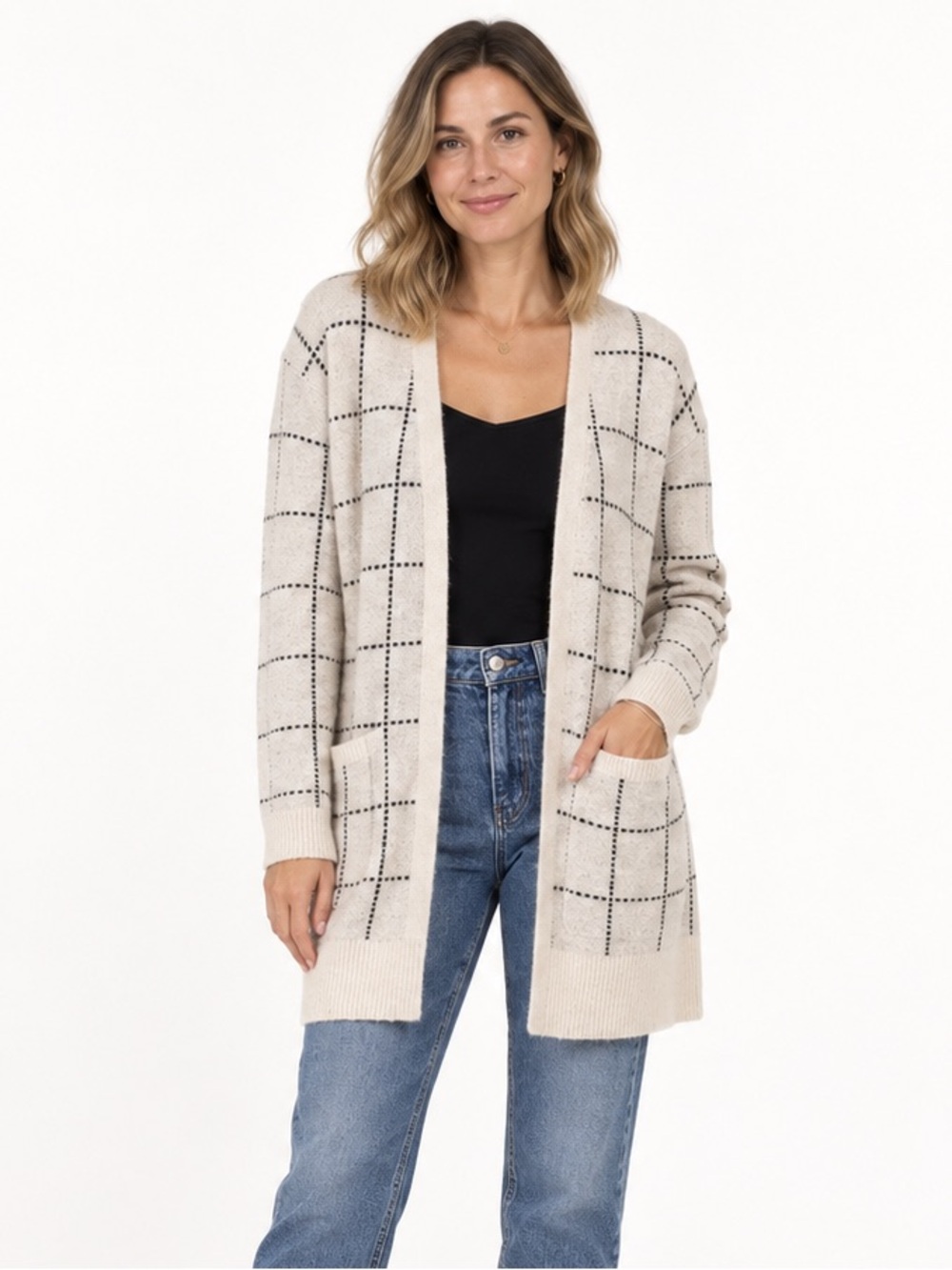 Madewell Windowpane Plaid Long Open Cardigan Sweater Wool Blend M, SO Cozy! 🍁